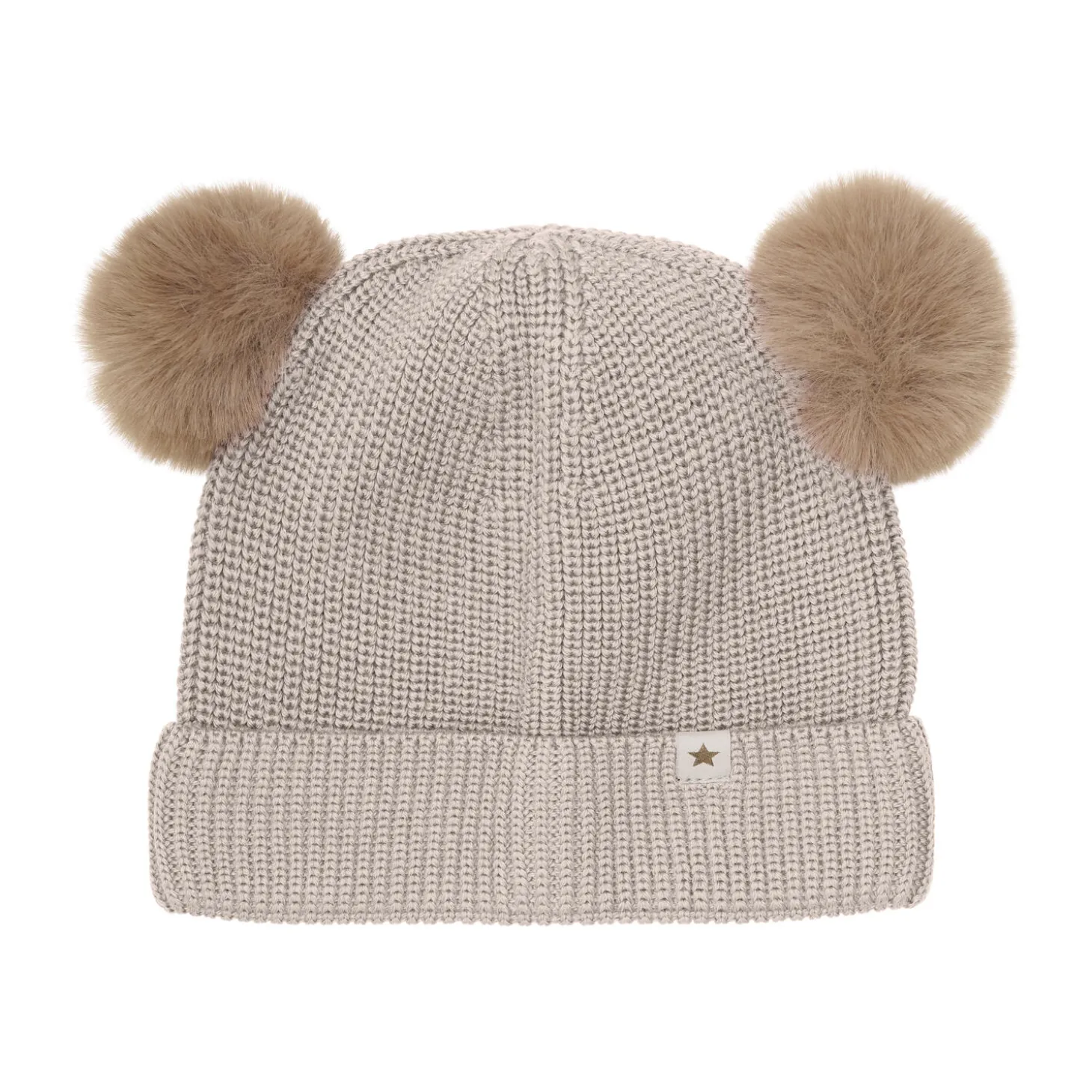 Beanie Wool Knit Pompoms, camel melange