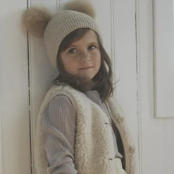 Beanie Wool Knit Pompoms, camel melange