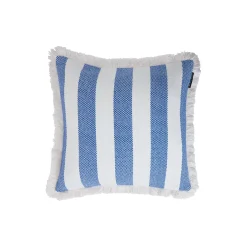 Blokstribet pudebetræk i økologisk bomuld med frynser, white/sea blue