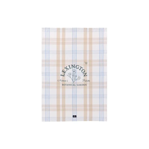 Botanical Checked Organic Cotton Kitchen Towel, white/beige/blue