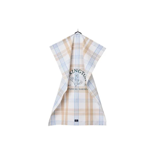 Botanical Checked Organic Cotton Kitchen Towel, white/beige/blue