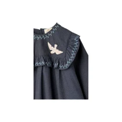 Checkered Dress w. Embroidery and Ruffle, brown/blue check comb.