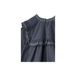 Checkered Dress w. Embroidery and Ruffle, brown/blue check comb.