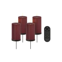 Giftbox w. spike, remote, LED pillar candle 4-pack, wine red