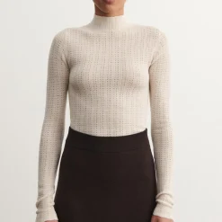 High Neck Pointelle Top, ecru