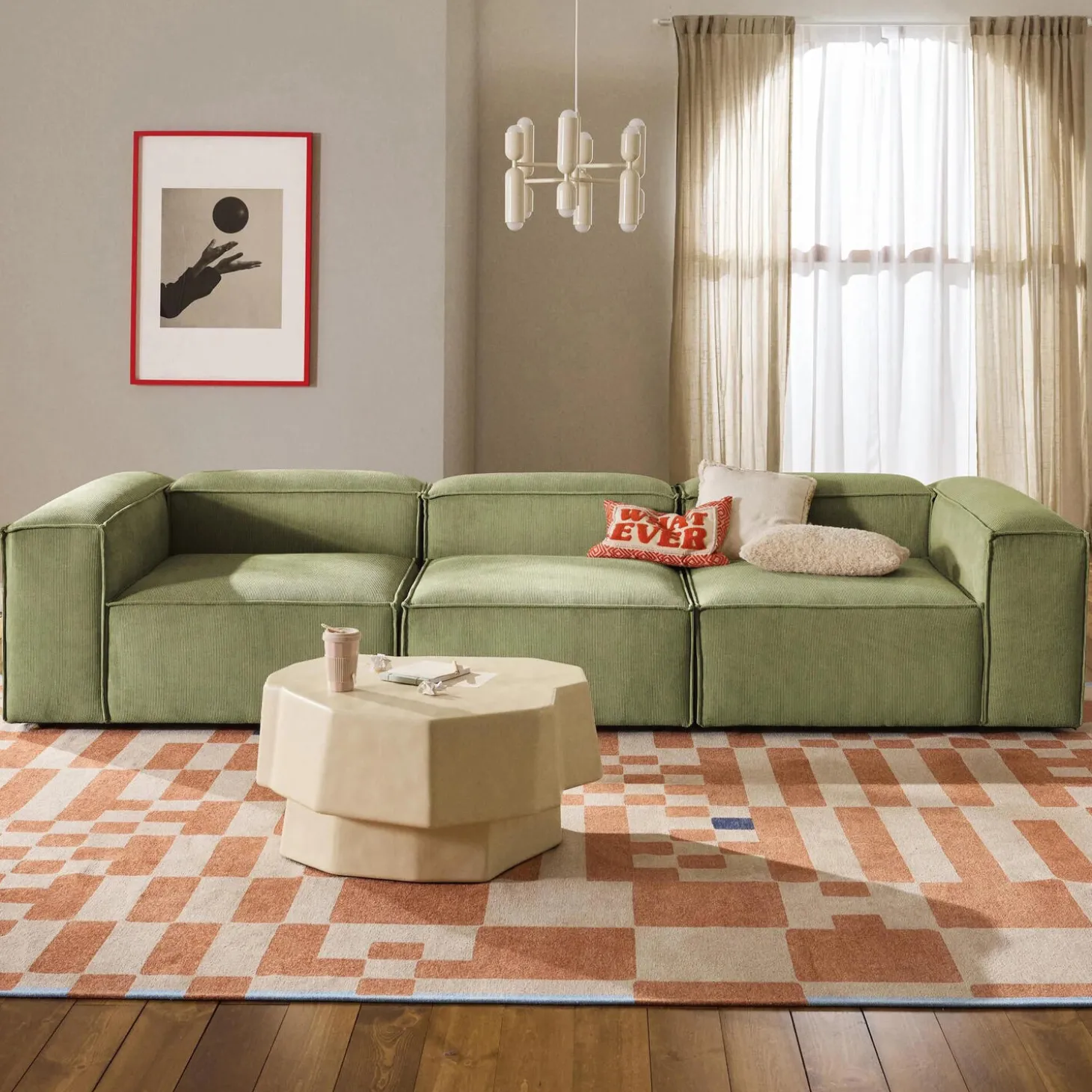 Lennon modulær 4-pers. sofa, riflet fløjl olivengrøn