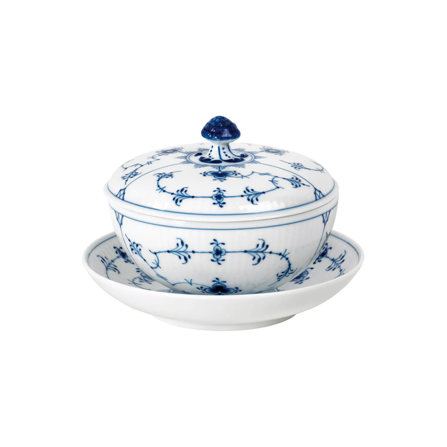 Musselmalet Riflet skål med låg og underkop 38 cl