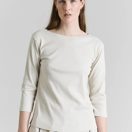 Naibu rib bluse med 3/4 ærme, ivory