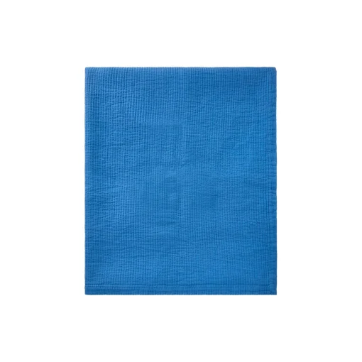 Stribet, vendbart sengetæppe i økologisk bomuld, blue/white