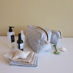 Toilettaske, classic stripes blue/praline