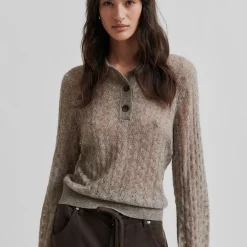 Vespa Knit LS Polo, mid brown melange