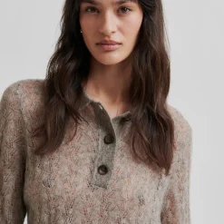 Vespa Knit LS Polo, mid brown melange