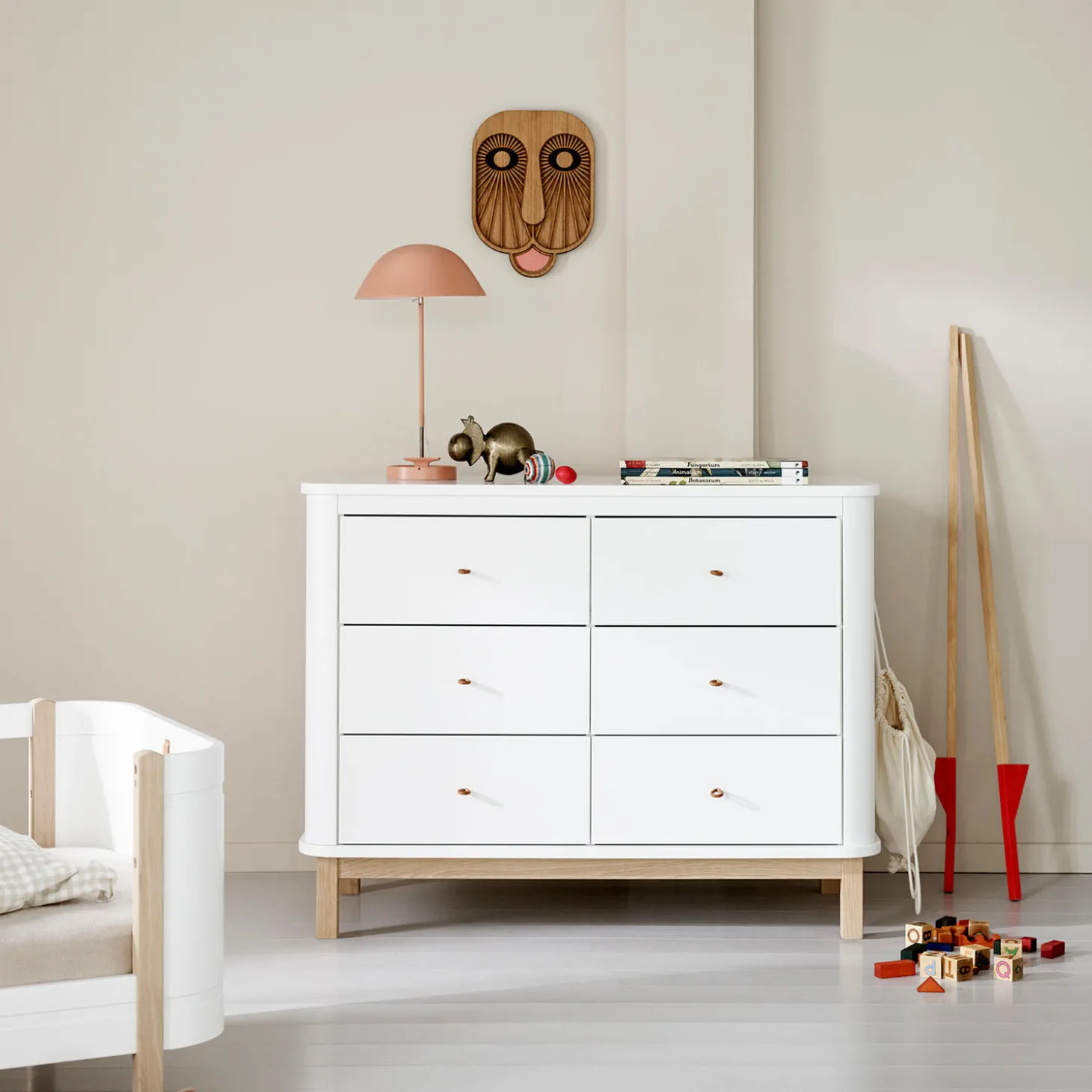 Wood kommode 6 skuffer, hvid/eg